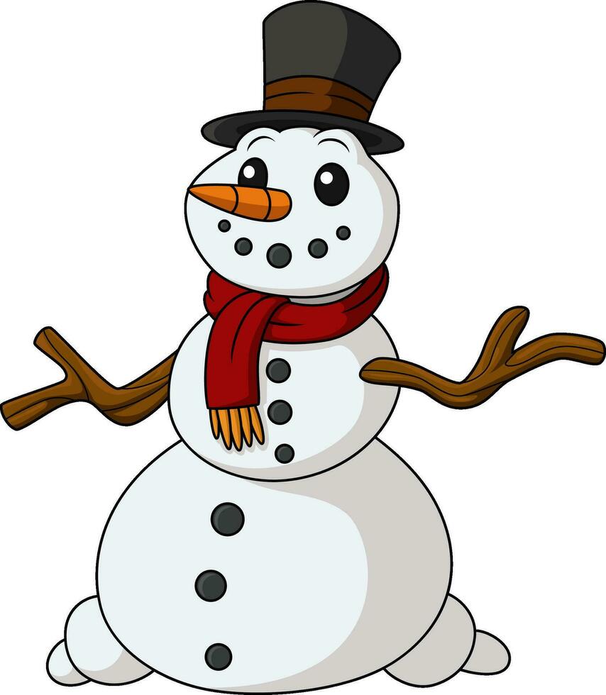 carino pupazzo di neve cartone animato indossare un' cappello e sciarpa vettore