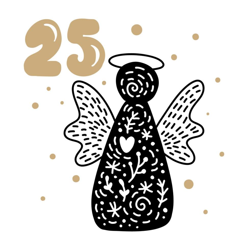 illustrazione vettoriale invernale di angelo nordico. ventiquattro giorni prima delle ferie, venticinquesimo giorno. calendario dell'avvento natalizio con simpatici disegni a mano scandinavi