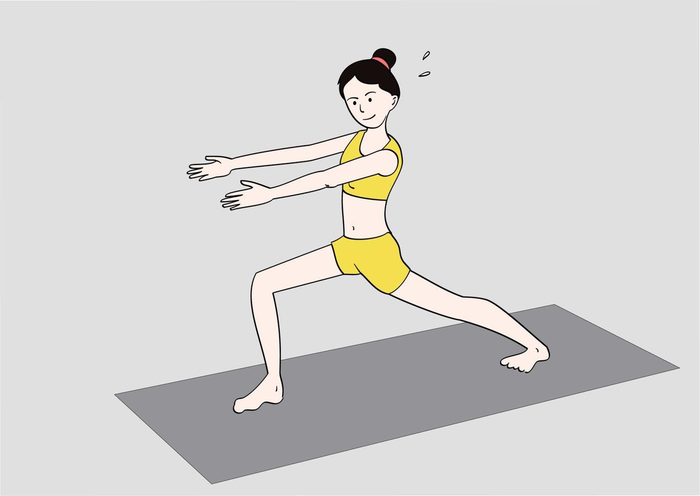 donna che fa esercizi di stretching. illustrazioni di disegno vettoriale stile disegnato a mano