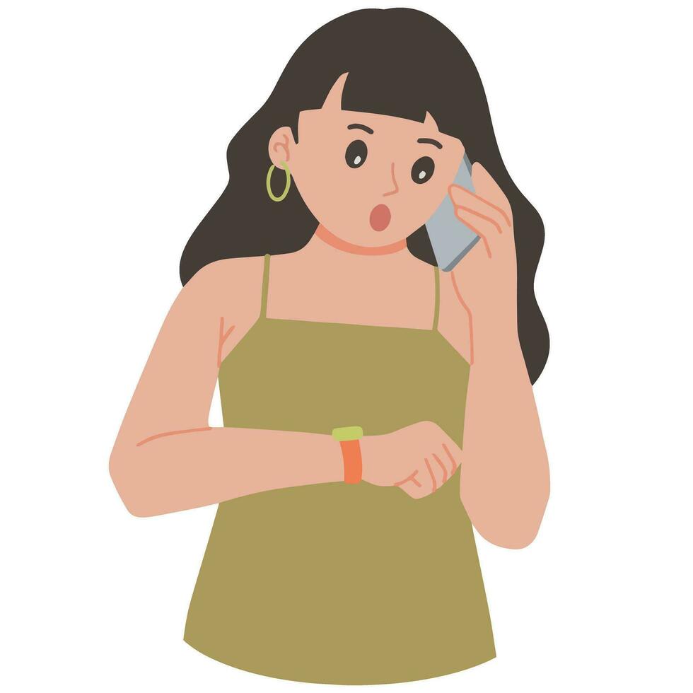 illustrazione donne su Telefono guardare a sua orologio vettore