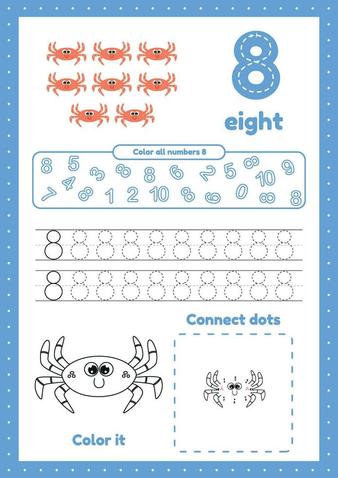 bambini attività foglio di lavoro con molti esercizi. imparare numero otto. colorazione, tracciato Granchio vettore