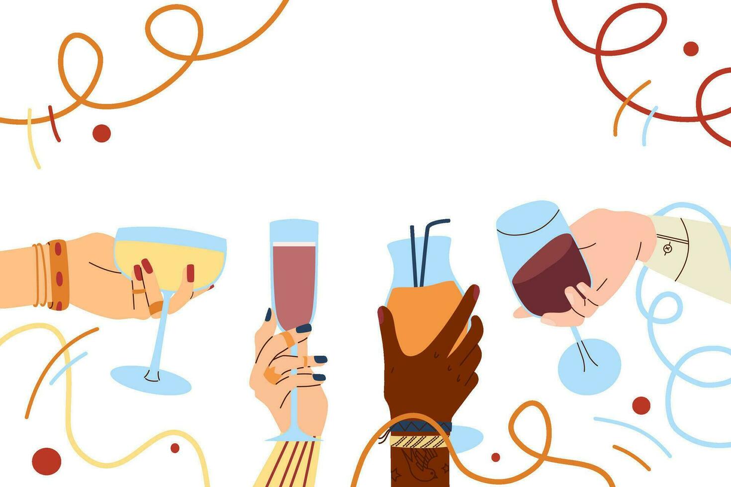 sfondo con mani Tenere bicchieri di vino, Champagne e cocktail. il concetto di un' festivo manifesto e un' ragnatela striscione. vettore