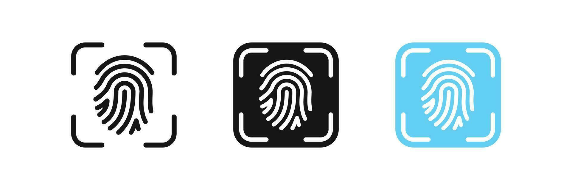 impronta digitale icona. dito scanner simbolo. biometrico id segni. identificazione personale simboli. sicurezza icone. umano sicurezza pulsante. Nero, blu colore. vettore cartello.