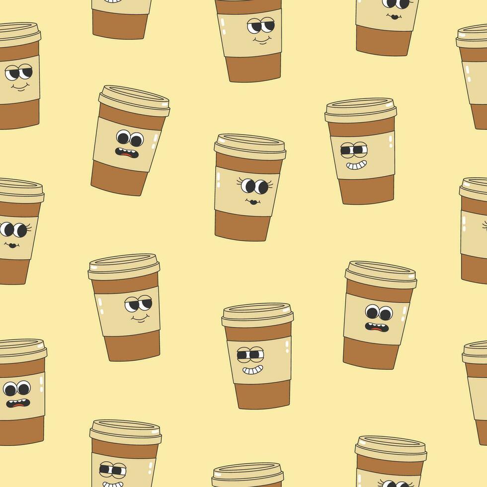 senza soluzione di continuità modello di Groovy caffè tazza. cartone animato personaggi nel di moda retrò stile su beige sfondo vettore