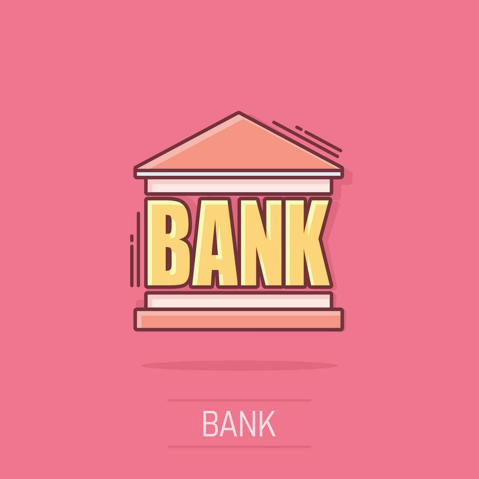 vettore cartone animato banca edificio icona nel comico stile. banca cartello illustrazione pittogramma. edificio attività commerciale spruzzo effetto concetto.
