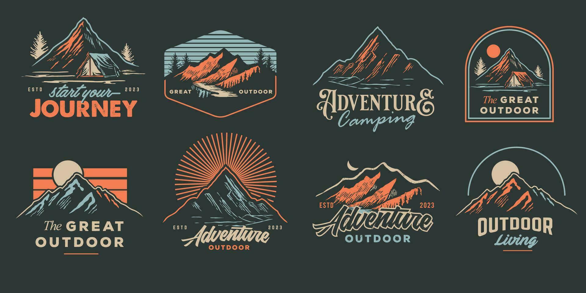 avventura all'aperto distintivo loghi. impostato di Vintage ▾ montagne paesaggio illustrazione campo logo cerotti. vettore emblema disegni. grande per camicie, francobolli, adesivi loghi e etichette.