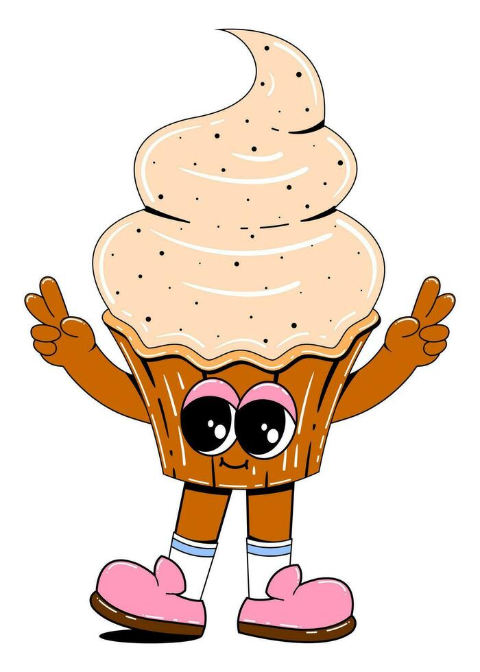 carino Cupcake personaggio nel retrò cartone animato stile. vettore illustrazione di un' dolci portafortuna con un' allegro viso, braccia, gambe.