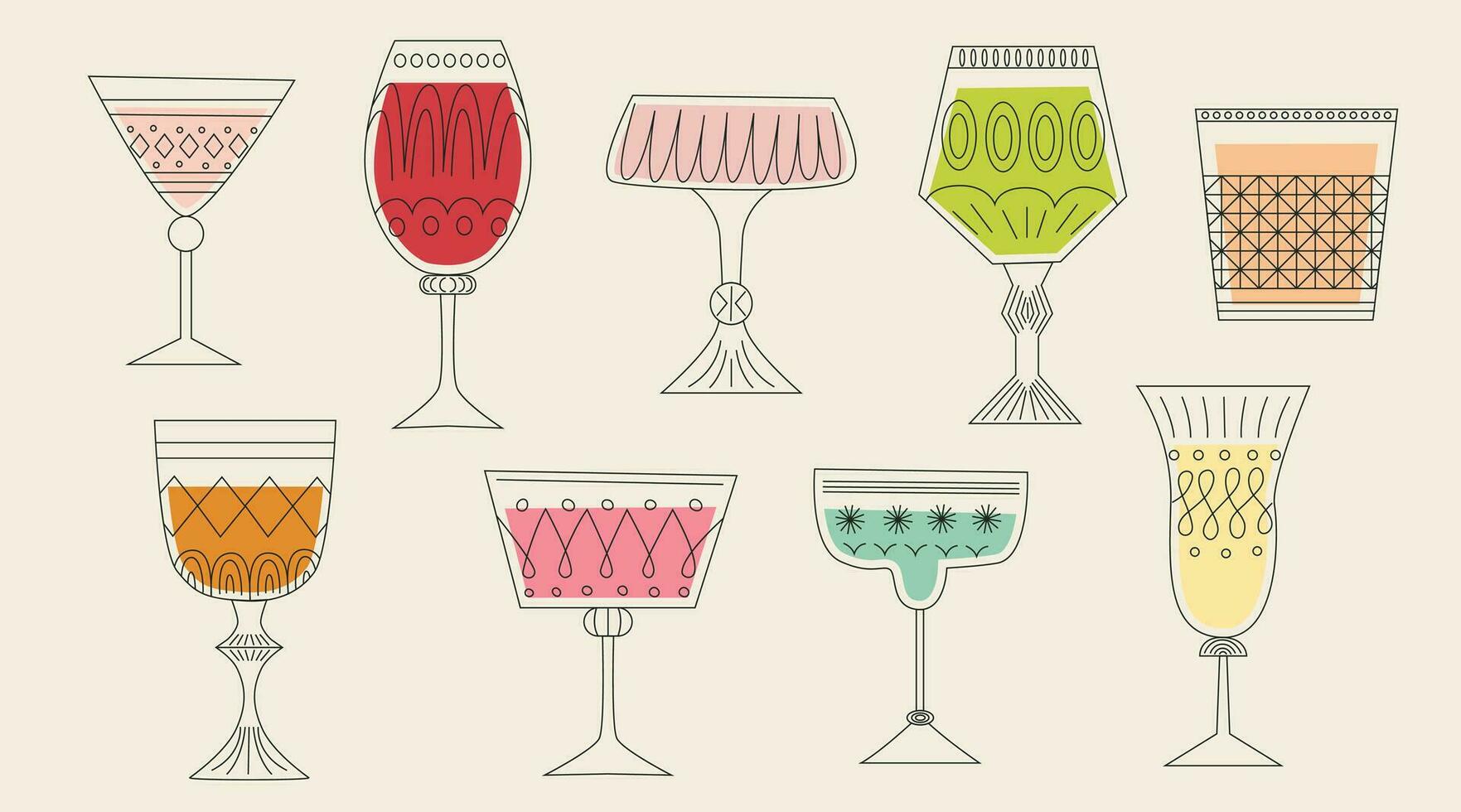 impostato di alcolizzato cocktail nel bicchieri di diverso forme. bevande nel diverso tipi di Vintage ▾ occhiali. linea arte vettore illustrazione. cartone animato retrò stile