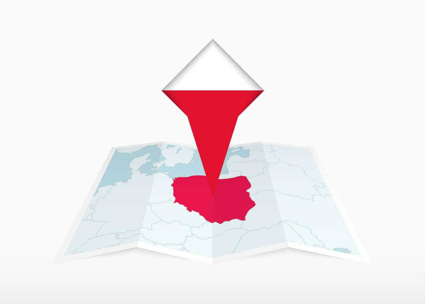 Polonia è raffigurato su un' piegato carta carta geografica e appuntato Posizione marcatore con bandiera di Polonia. vettore