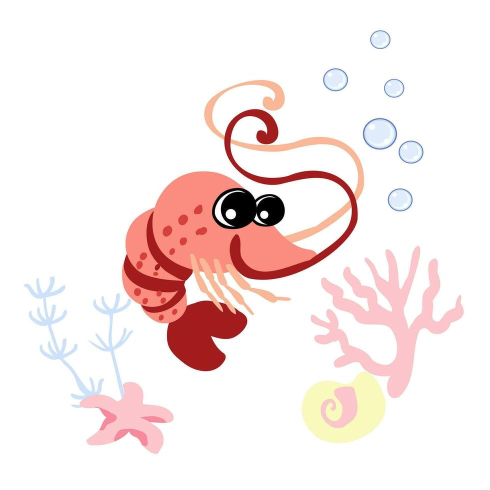 carino gamberetto con bolle, stella marina e mollusco, corallo sott'acqua. marino vita personaggio vettore