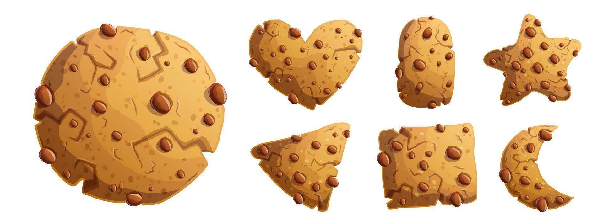 tradizionale cioccolato biscotti nel diverso le forme. il giro, triangolare, quadrato, stella e cuore sagomato cioccolato biscotti. impostato di vettore dettagliato cartone animato illustrazioni.