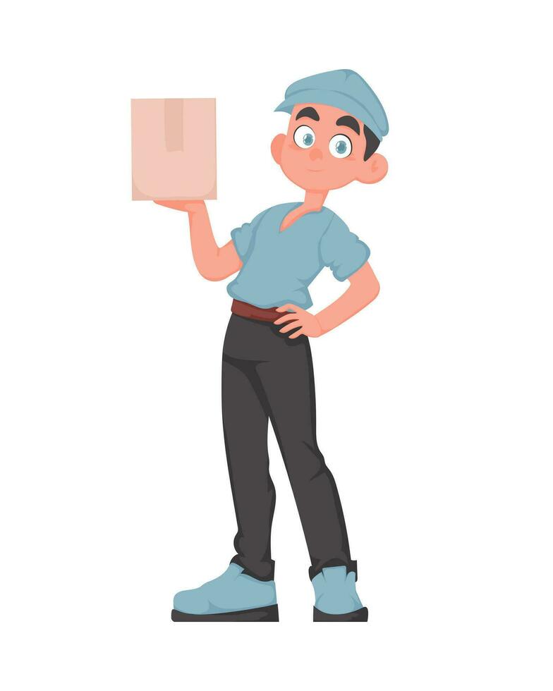 allegro consegna uomo con pacco nel cartone animato vettore stile. sorridente maschio Corriere nel blu uniforme Tenere carta scatola. esprimere consegna concetto.