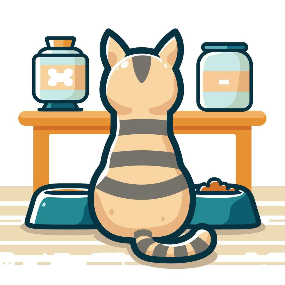 un' a strisce gatto si siede nel davanti di un' tavolo pieno di cibo vettore