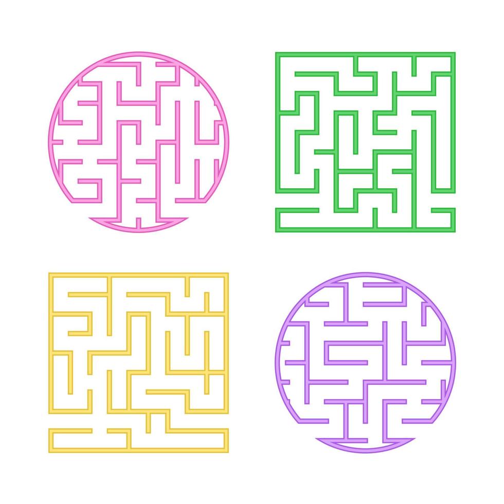 una serie di labirinti colorati per bambini. un labirinto quadrato e rotondo. semplice illustrazione vettoriale piatto isolato su sfondo bianco.