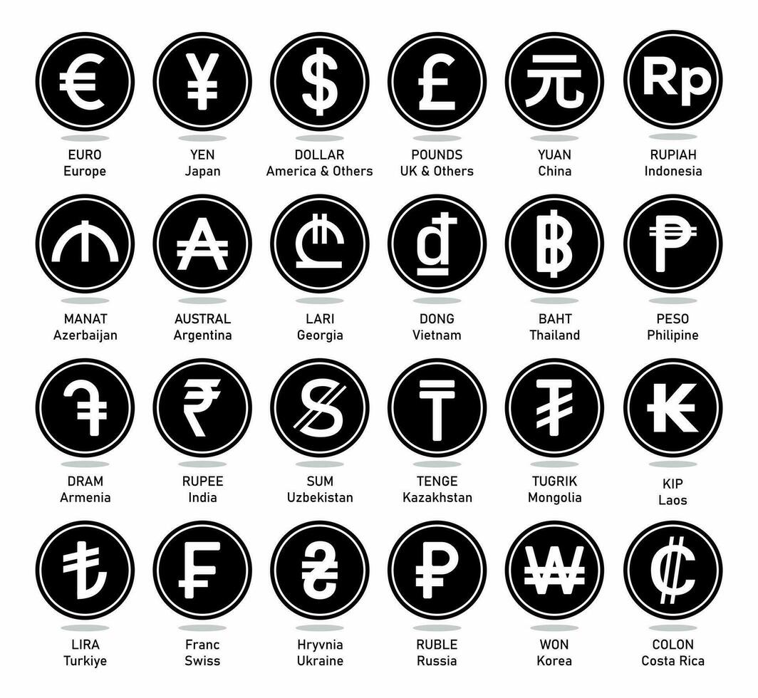 mondo moneta simboli Usato nel diverso Paesi, nero piatto moneta icone su bianca sfondo. vettore