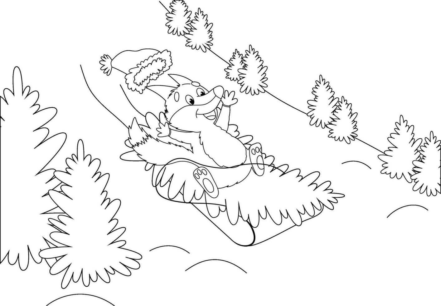 colorazione pagina con un' poco Volpe rotolamento giù il montagna su un' slitta e trasporto un' Natale albero vettore