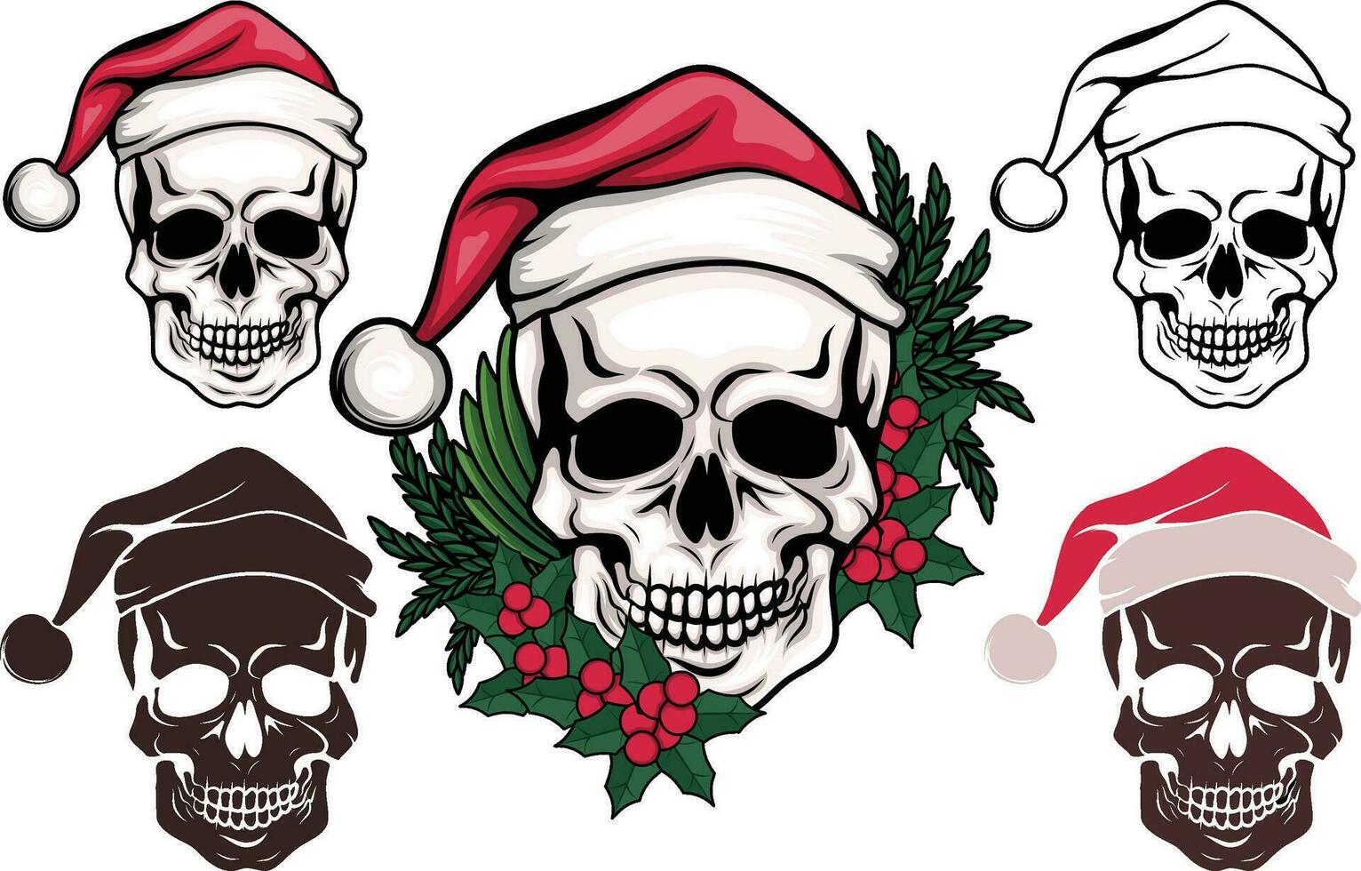 cranio Santa cappello con fiore fascio, cranio con cappello, Natale cranio, Natale, Natale clipart, cranio silhouette tagliare File vettore