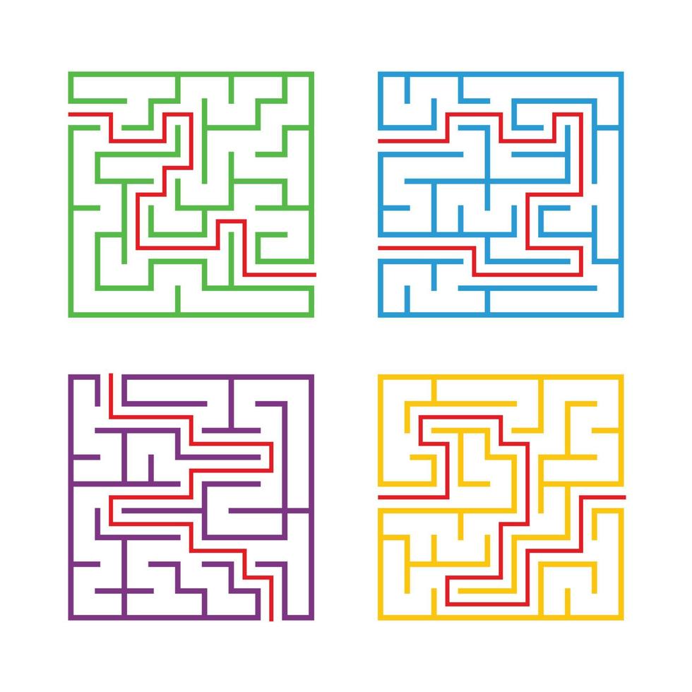 una serie di labirinti quadrati per bambini. semplice illustrazione vettoriale piatto isolato su sfondo bianco. con la risposta.
