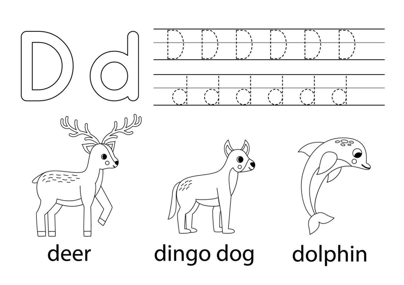 tracciare maiuscolo e minuscolo lettera d. animale alfabeto per bambini. vettore