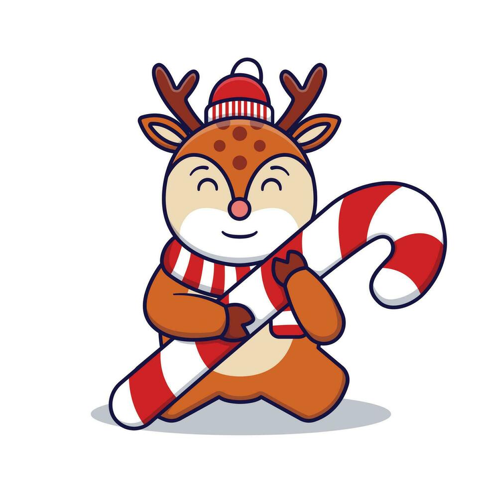 carino cervo abbracciare caramella canna vettore cartone animato illustrazione isolato su bianca sfondo