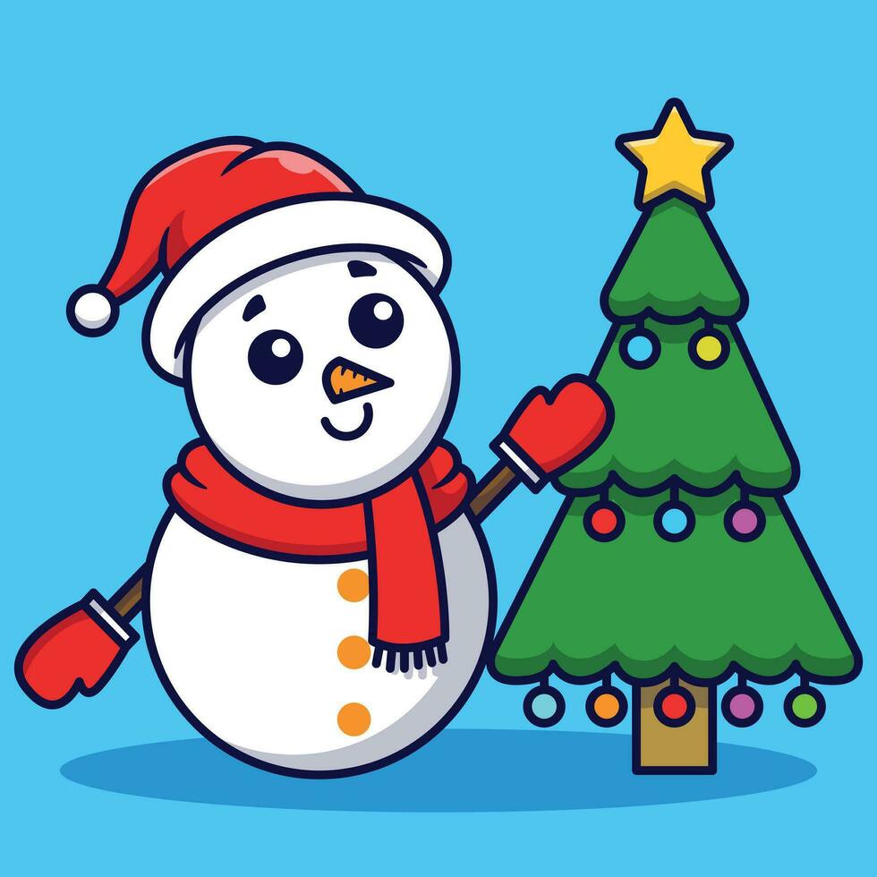 carino pupazzo di neve con Natale albero vettore cartone animato illustrazione isolato