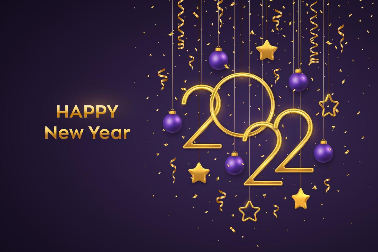 felice nuovo anno 2022. appendere i numeri metallici dorati 2022 con brillanti stelle metalliche 3d, palline e coriandoli su sfondo viola. biglietto di auguri di capodanno o banner. illustrazione vettoriale realistico.