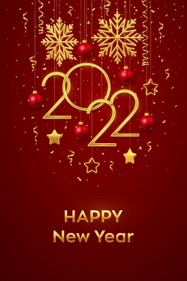 felice nuovo anno 2022. appendere i numeri metallici dorati 2022 con fiocchi di neve brillanti, stelle metalliche 3d, palline e coriandoli su sfondo rosso. biglietto di auguri di capodanno o modello di banner. vettore. vettore