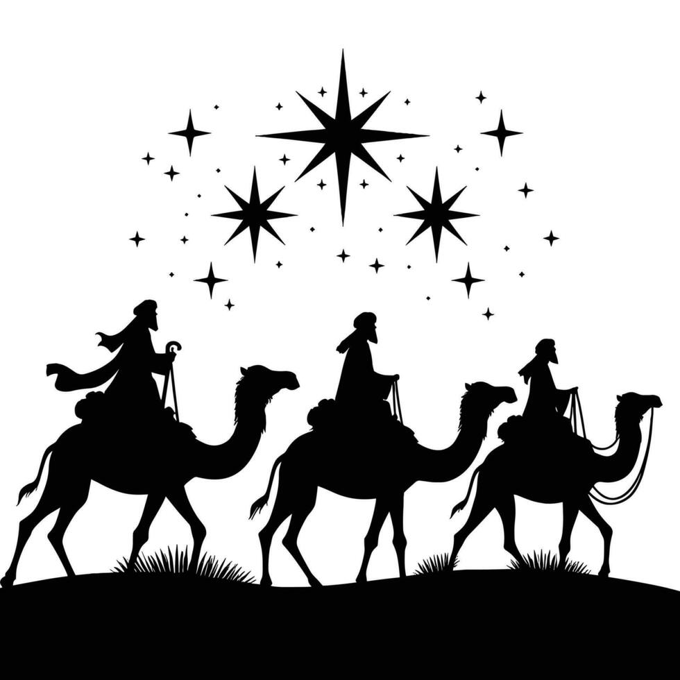 contento Epifania giorno design. silhouette di tre saggio uomini su cammello, luminosa stella, Natività di Gesù vettore