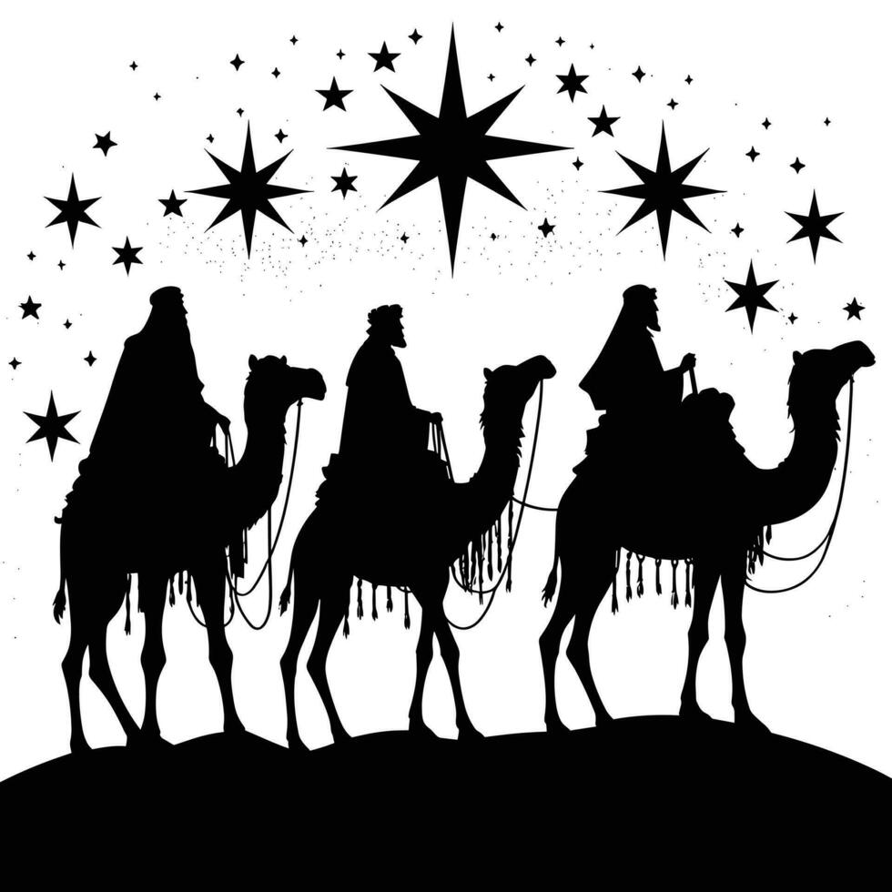 contento Epifania giorno design. silhouette di tre saggio uomini su cammello, luminosa stella, Natività di Gesù vettore