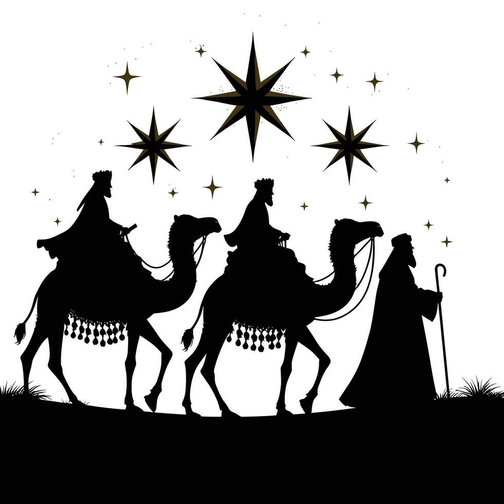 contento Epifania giorno design. silhouette di tre saggio uomini su cammello, luminosa stella, Natività di Gesù vettore