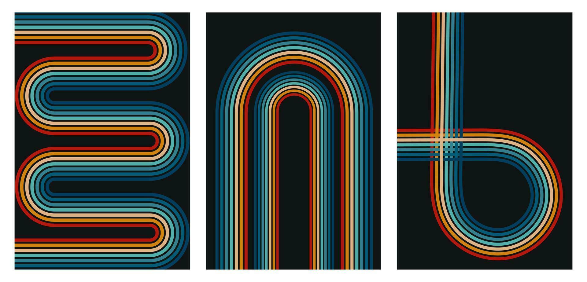 70s retrò geometrico manifesti, arcobaleno Linee Vintage ▾ Stampa. freddo a strisce manifesto disegno, vettore impostato di Anni '70 astratto colorato sfondi su buio sfondo. vettore illustrazione