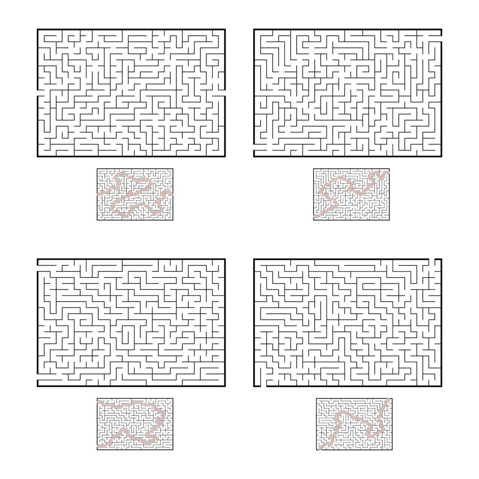 una serie di labirinti rettangolari. gioco per bambini. puzzle per bambini. enigma del labirinto. illustrazione vettoriale piatto isolato su sfondo bianco. con risposta.