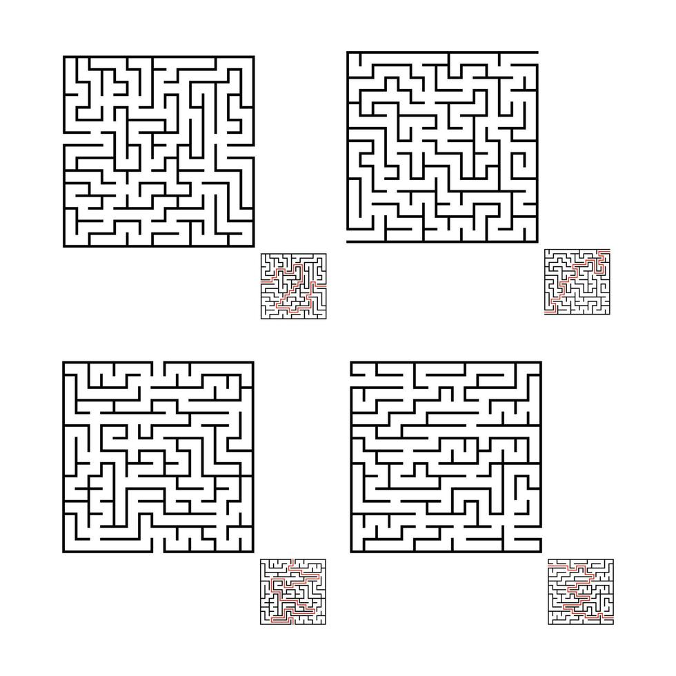 una serie di labirinti quadrati. gioco per bambini. puzzle per bambini. enigma del labirinto. illustrazione vettoriale piatto isolato su sfondo bianco. con risposta.