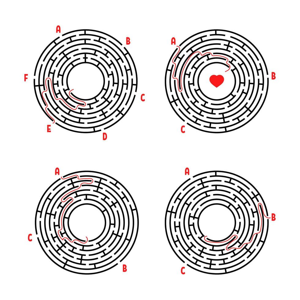 una serie di labirinti rotondi. gioco per bambini. puzzle per bambini. enigma del labirinto. illustrazione vettoriale piatto isolato su sfondo bianco. con risposta.