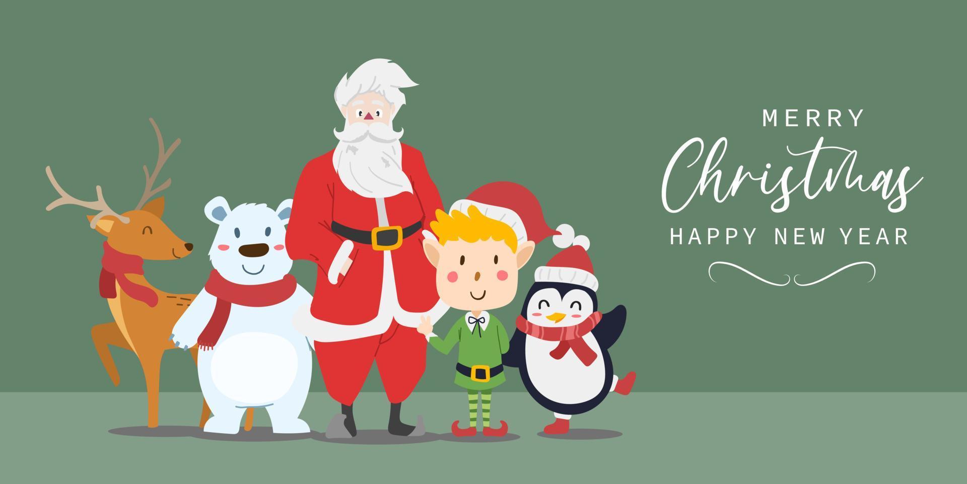 biglietto di auguri di buon natale e felice anno nuovo con simpatico cartone animato babbo natale, renna, orso polare, ragazzo elfo e pinguino. illustrazione vettoriale