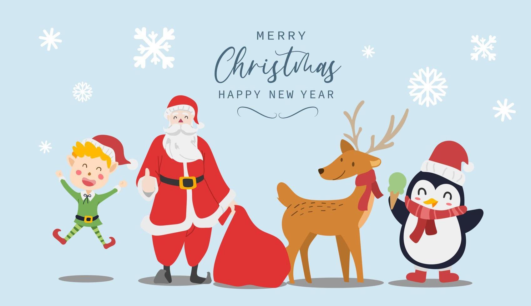 auguri di buon natale e felice anno nuovo. simpatici personaggi dei cartoni animati di babbo natale, pinguino, renna e costume da elfo. illustrazione vettoriale