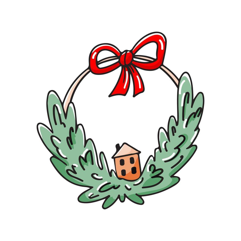 icona di ghirlanda di Natale dai rami con un fiocco e una casa isolata su uno sfondo bianco. illustrazione disegnata a mano di stile di scarabocchio di vettore