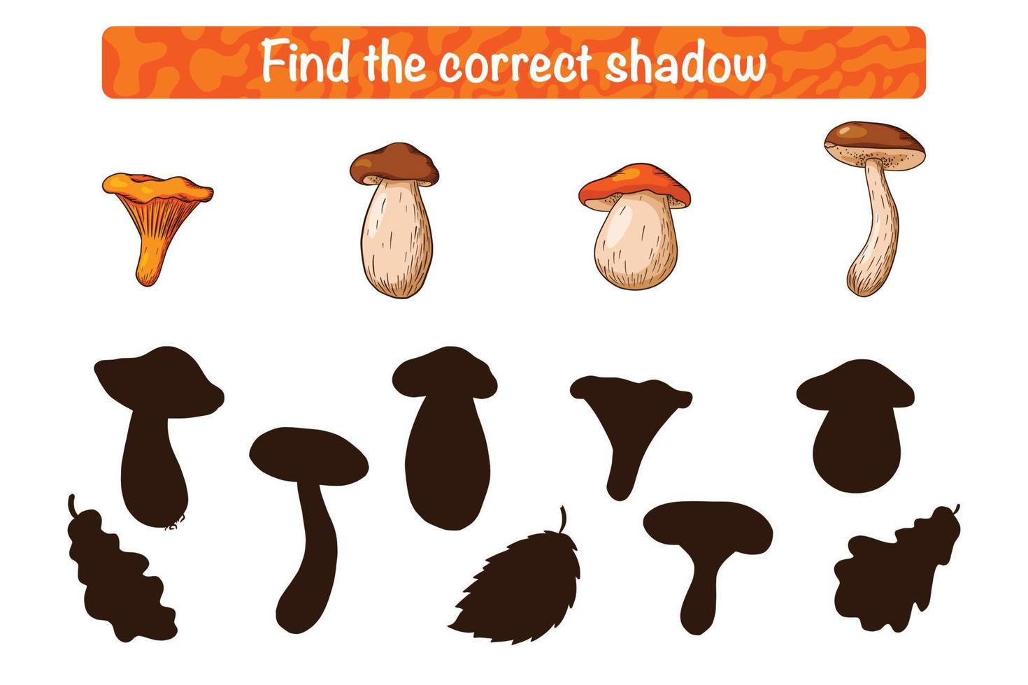 trova il gioco educativo dell'ombra del fungo commestibile corretto per i bambini vettore