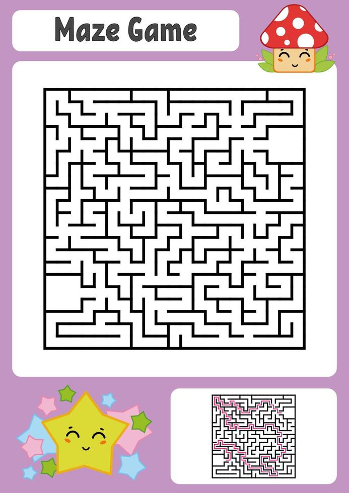 labirinto quadrato astratto. fogli di lavoro per bambini. puzzle di gioco per bambini. simpatica stella e fungo. un ingresso, un'uscita. enigma del labirinto. illustrazione vettoriale. con risposta. vettore