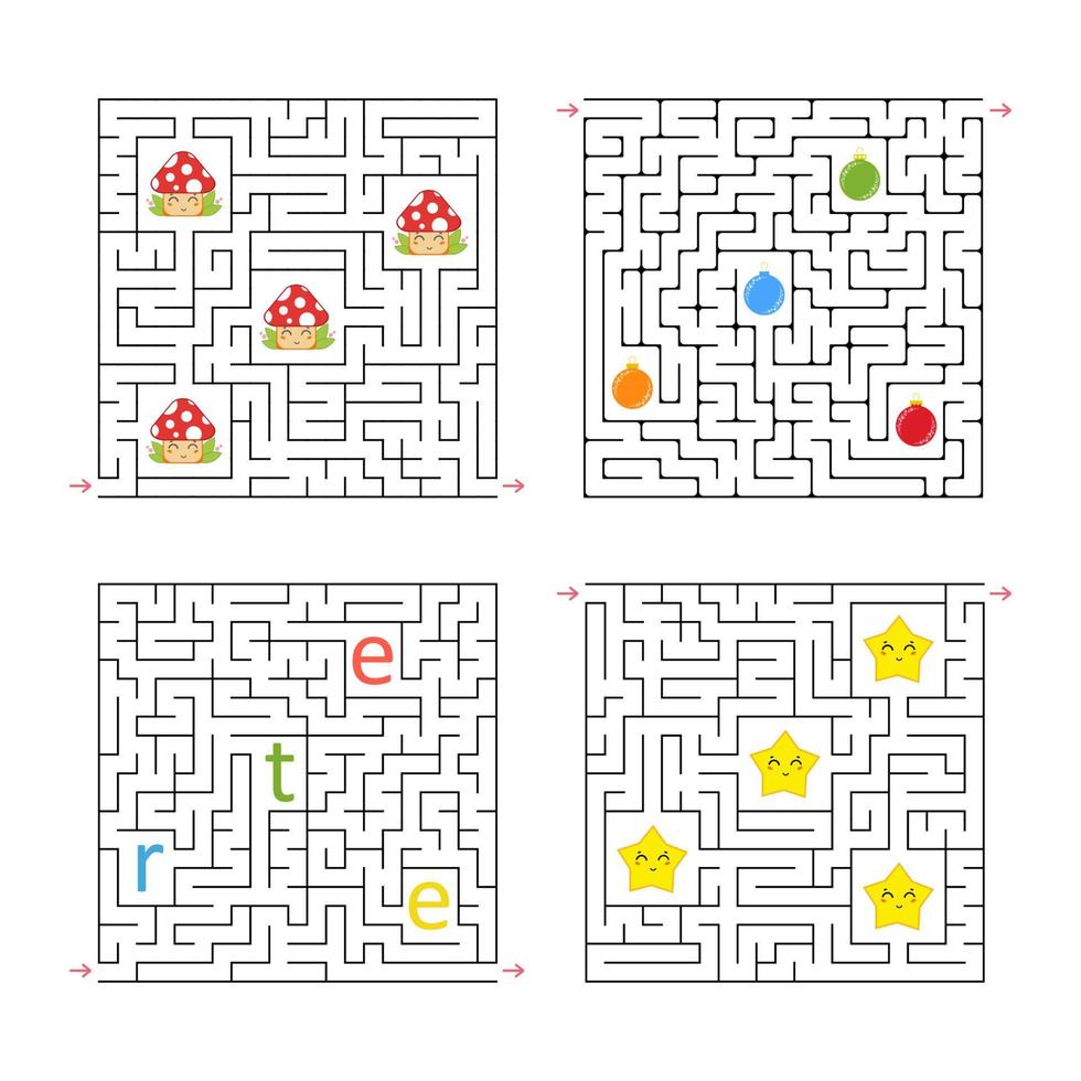 una serie di labirinti quadrati. gioco per bambini. puzzle per bambini. un ingresso, un'uscita. enigma del labirinto. illustrazione vettoriale piatto isolato su sfondo bianco. con personaggi dei cartoni animati.