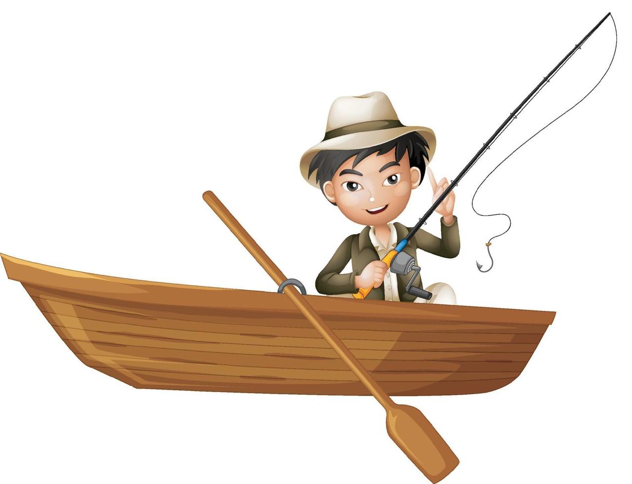 un uomo che tiene la canna su una barca di legno vettore
