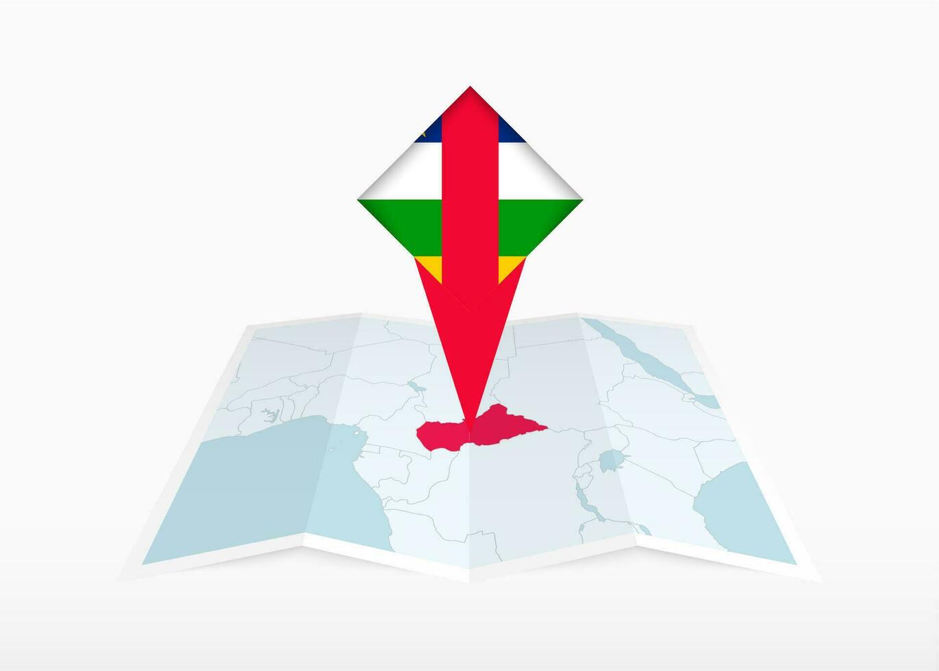 centrale africano repubblica è raffigurato su un' piegato carta carta geografica e appuntato Posizione marcatore con bandiera di centrale africano repubblica. vettore