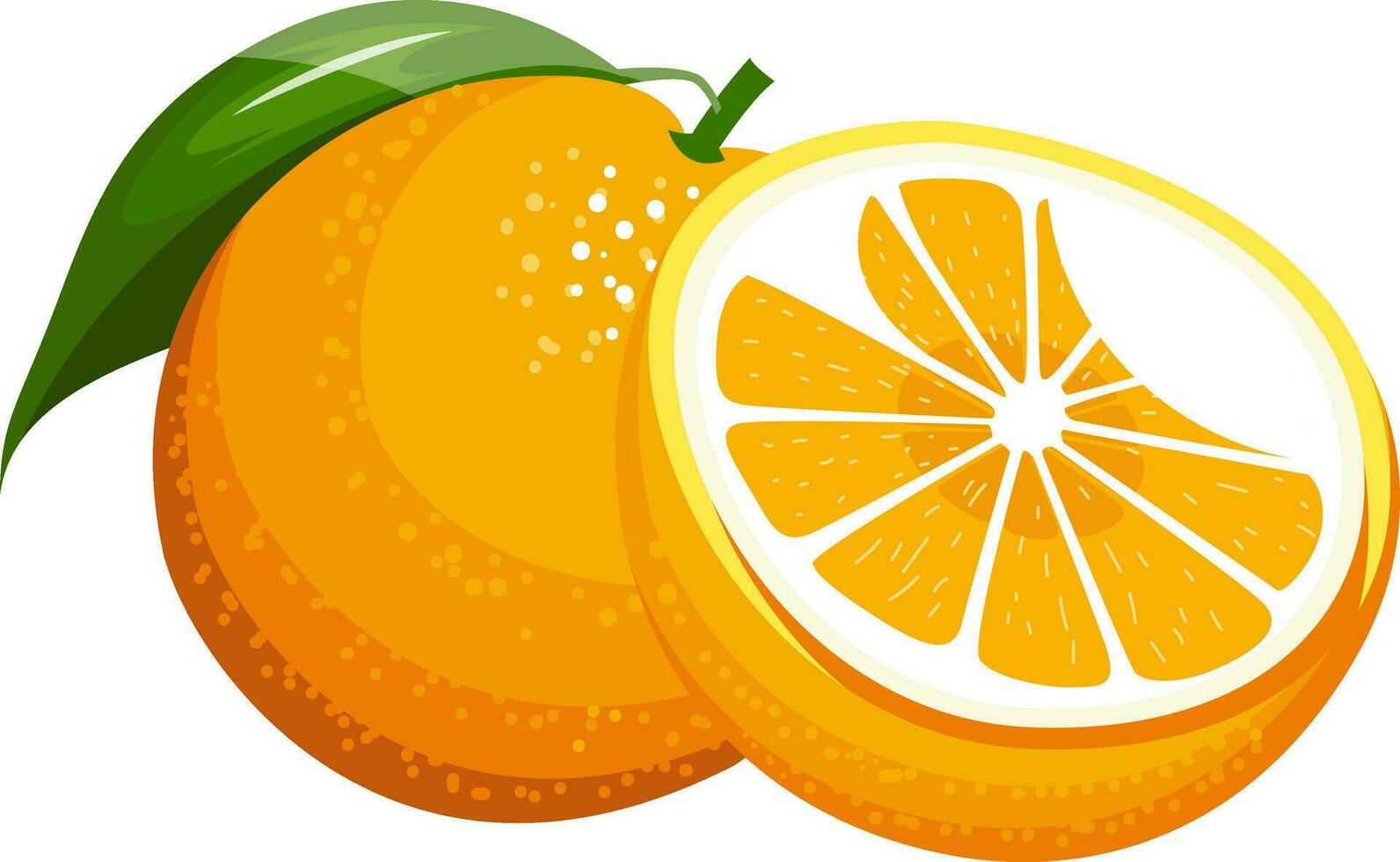 cartone animato arancia con un' verde foglia arancia e giallo metà un arancia vettore illustrazione su bianca sfondo.