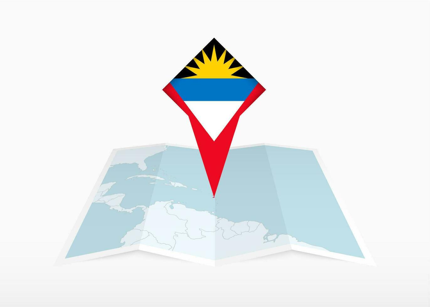 antigua e barbuda è raffigurato su un' piegato carta carta geografica e appuntato Posizione marcatore con bandiera di antigua e barbada. vettore