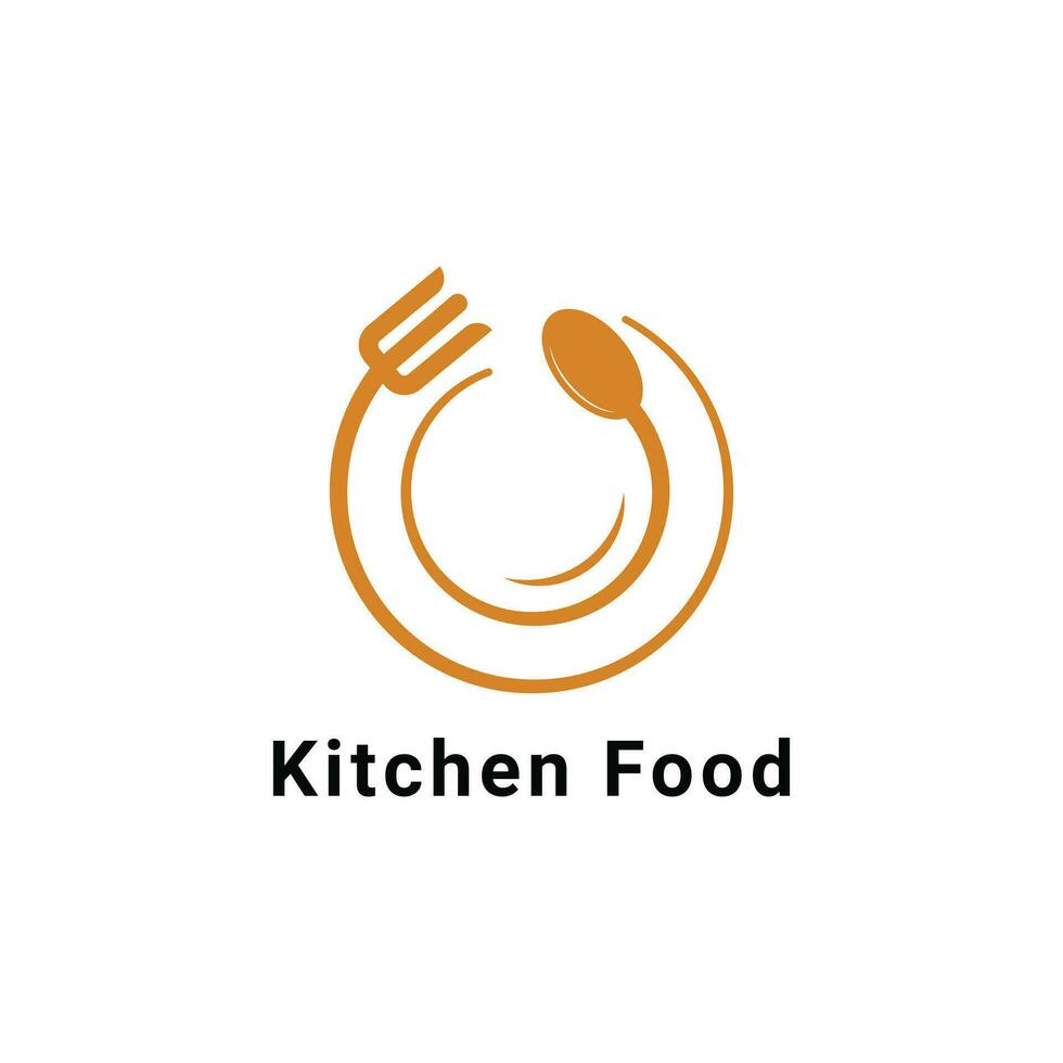 cucina cibo vettore logo design idea con cucchiaio, forchetta e piatto simbolo cerchio forma