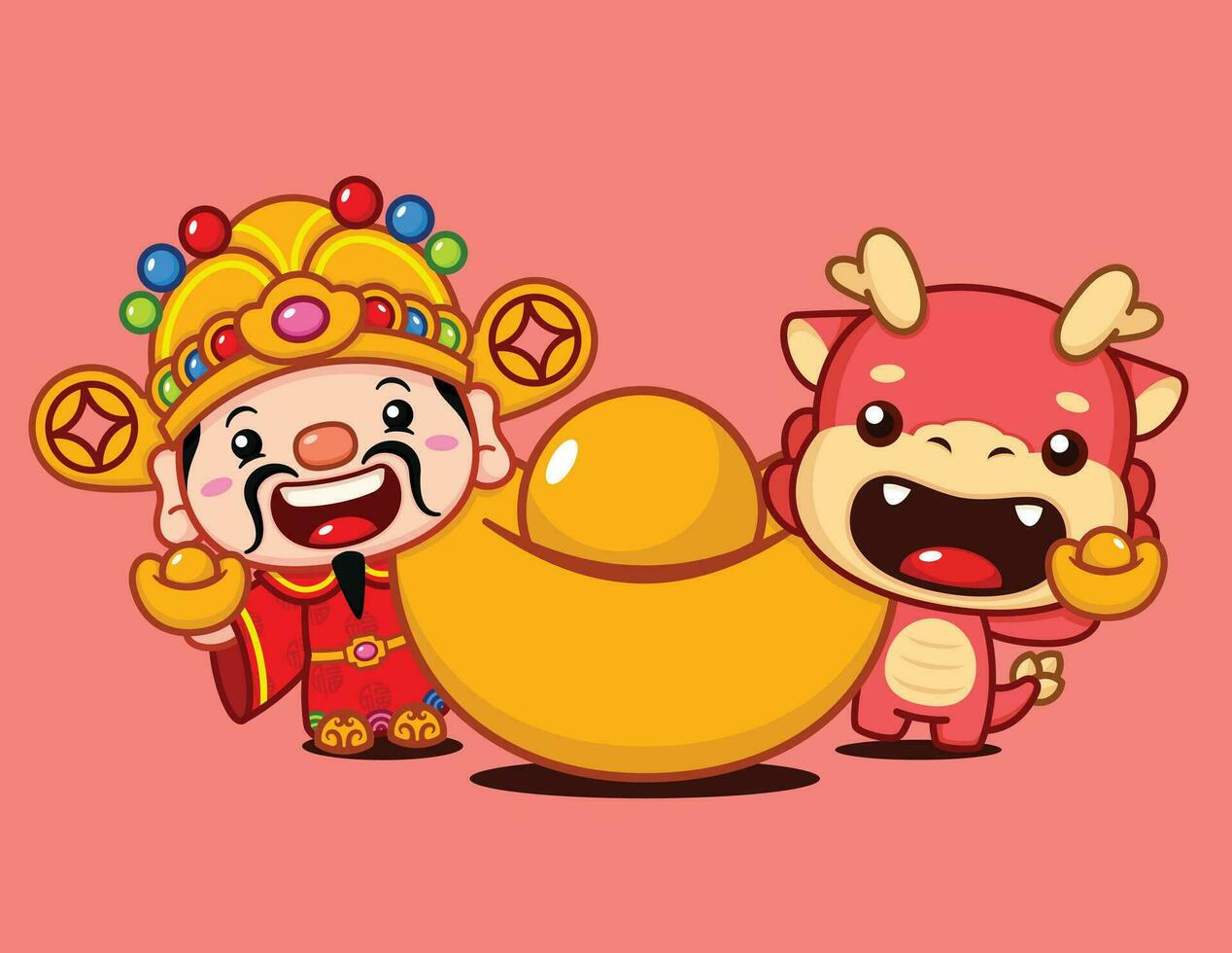 carino Cinese nuovo anno fortuna Dio e Drago zodiaco personaggio con grande oro i soldi vettore