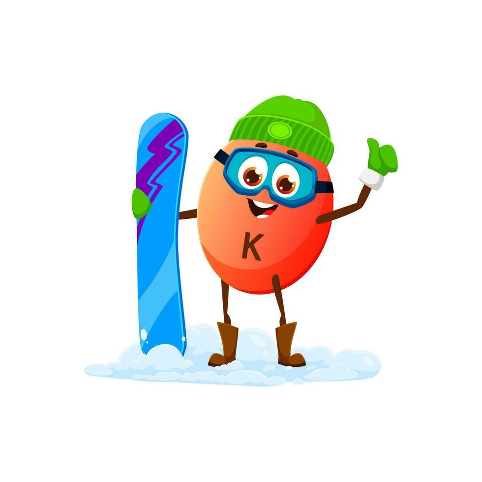 cartone animato potassio K minerale pillola con Snowboard vettore