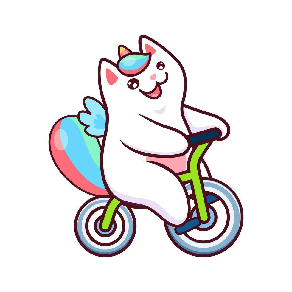 cartone animato kawaii caticorn personaggio pedalare bicicletta vettore