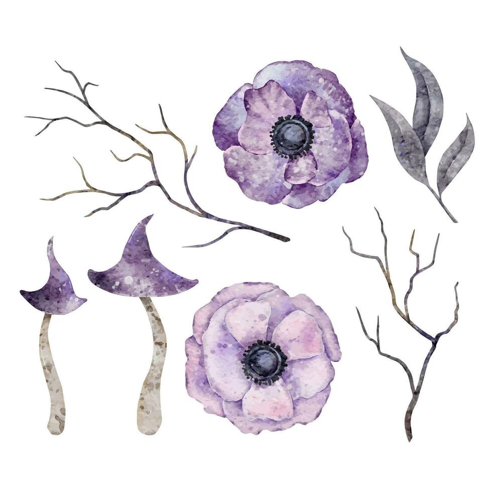 acquerello boho anemone fiori, foglie, rami e funghi. Halloween elementi. strega illustrazione vettore per carta, invito e Di Più