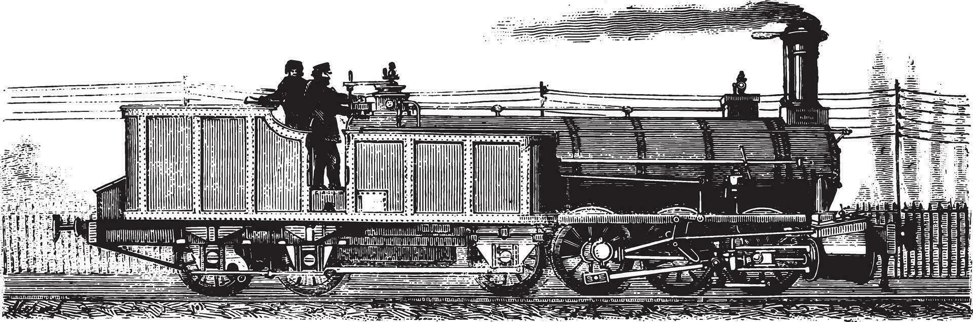 meraviglie di il industria, il locomotiva e tenero, Vintage ▾ incisione. vettore